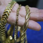 Gold jewelry for sale is seen at a jewelers in New York City