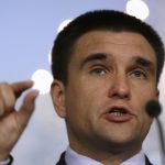 Ukraine’s Foreign Minister Klimkin gestures during a news conference with U.S. Secretary of State Kerry at the State Department in Washington