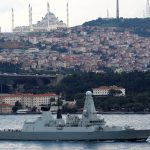 British Royal Navy destroyer HMS Duncan (D37) sails in the Bosphorus, on its way to the Mediterranean Sea, in Istanbul