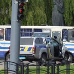 A view shows a passenger bus seized by an unidentified person in Lutsk